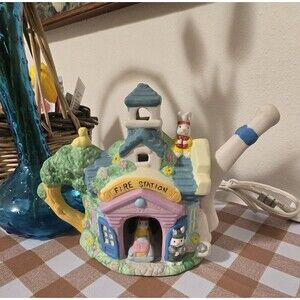 1996 Bunnyville Tea Pot Fire Station Lighted Village Nightlight